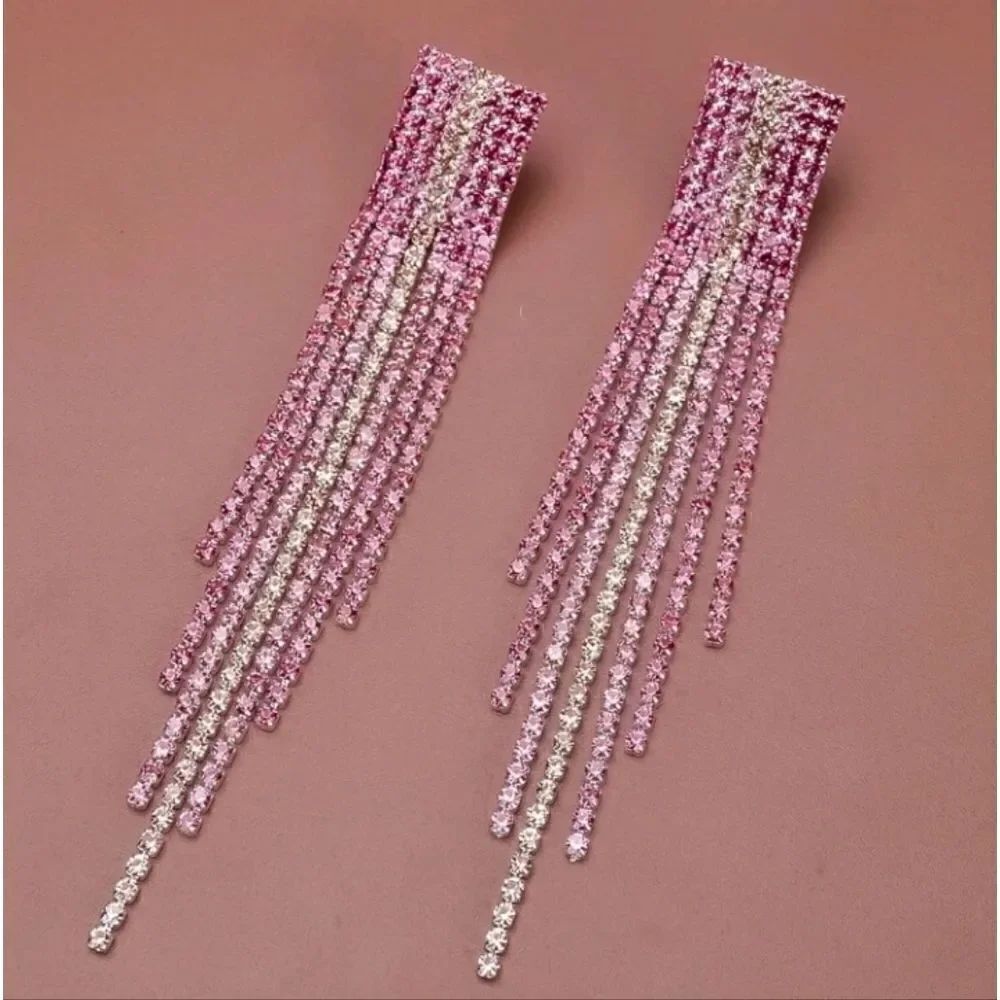 Pink Rhinestone Fringe Drop Crystal Earrings